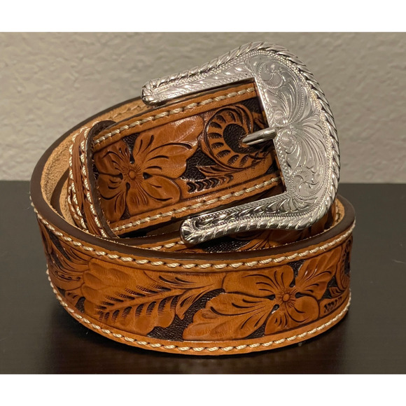 Vintage 1994 Tony Lama Men Hand Tooled Leather Belt Size 36 C40064 Silver Buckle